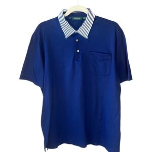 Bobby Jones Like New Sz L Navy 100% Cotton Polo Shirt Stripped Contrast Collar